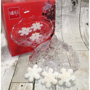 Mikasa Crystal Floating Candles Votive Bowl, Snowflake Melody Footed w 3 Candles